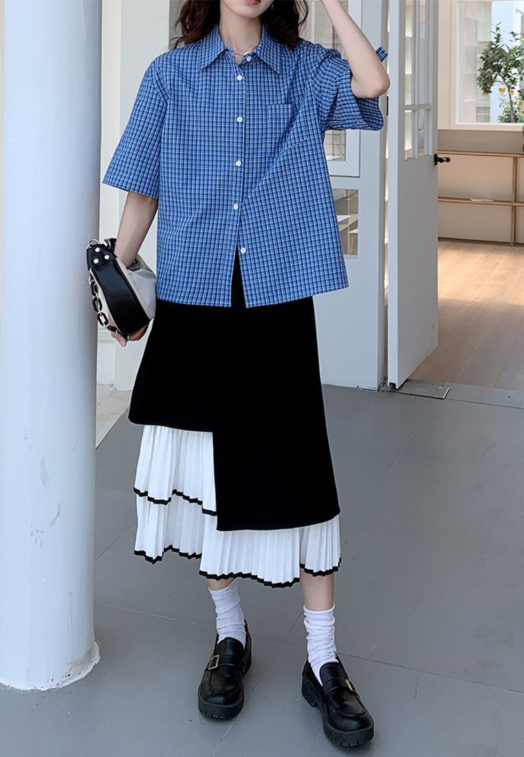 New French retro blue plaid shoulder commuter shirt CA25042924BL