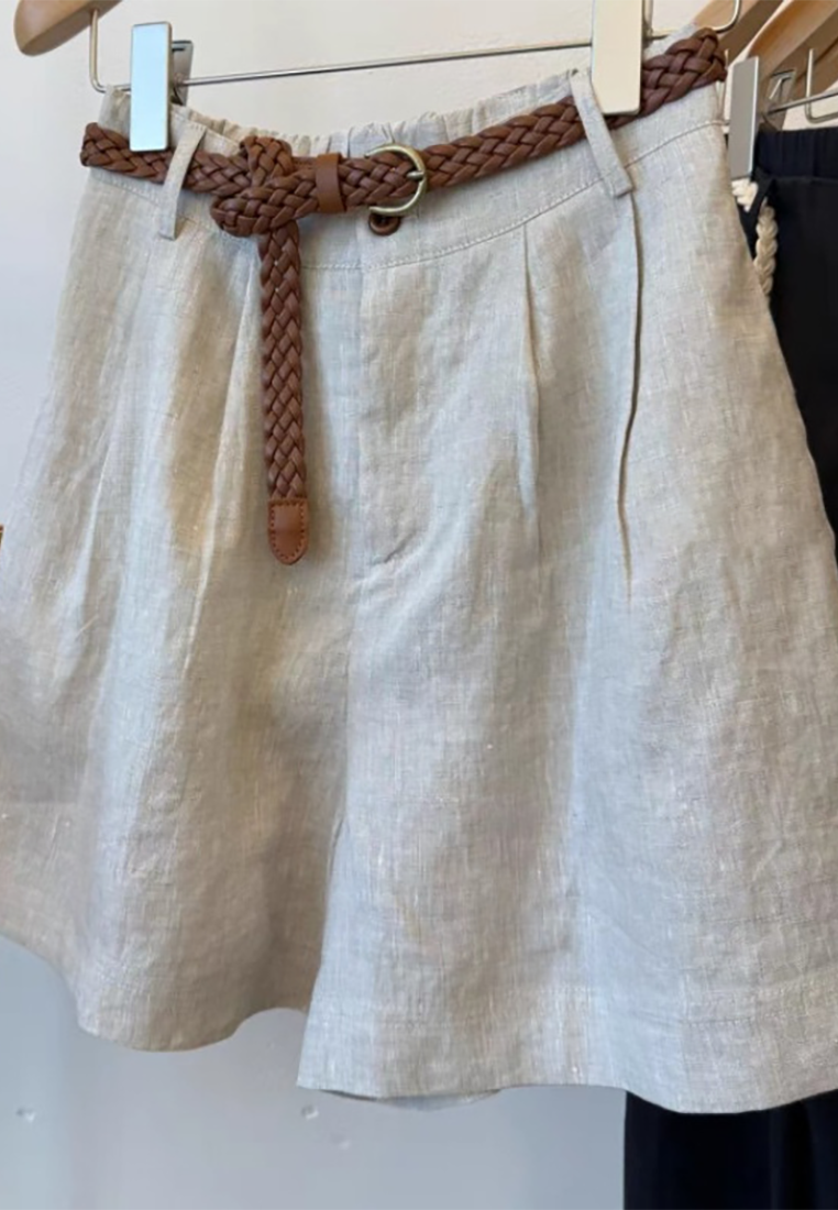 Summer High-waist Braided Belt Linen Shorts CA25061724BK