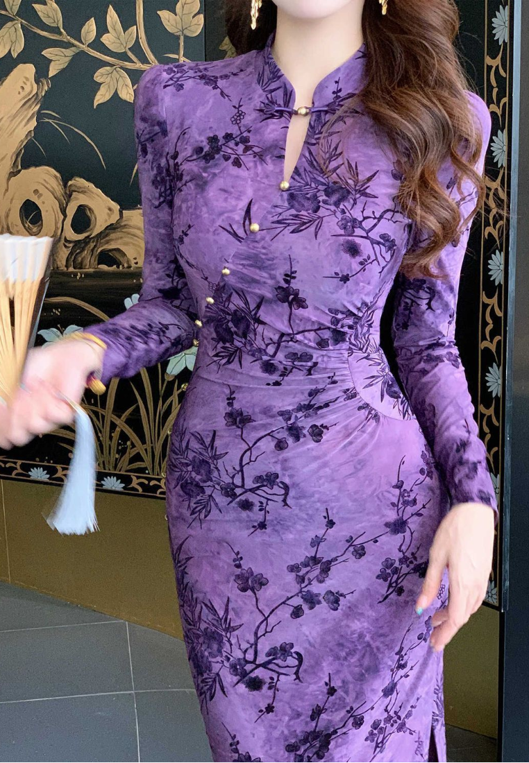 New Retro Luxury purple knitted cheongsam dress CA25121524PU