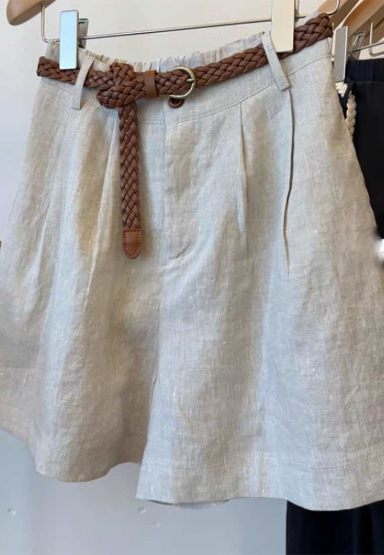 Summer High-waist Braided Belt Linen Shorts CA25061724BK