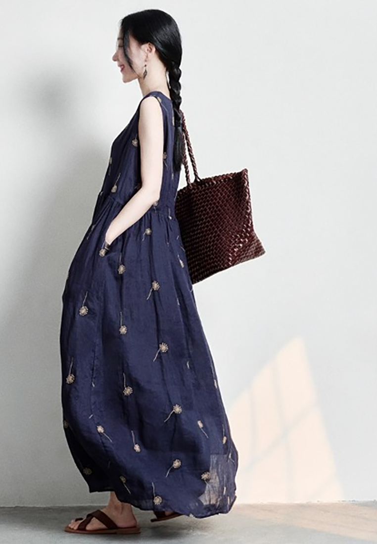 Summer new cotton and linen print dress CA25070924BL