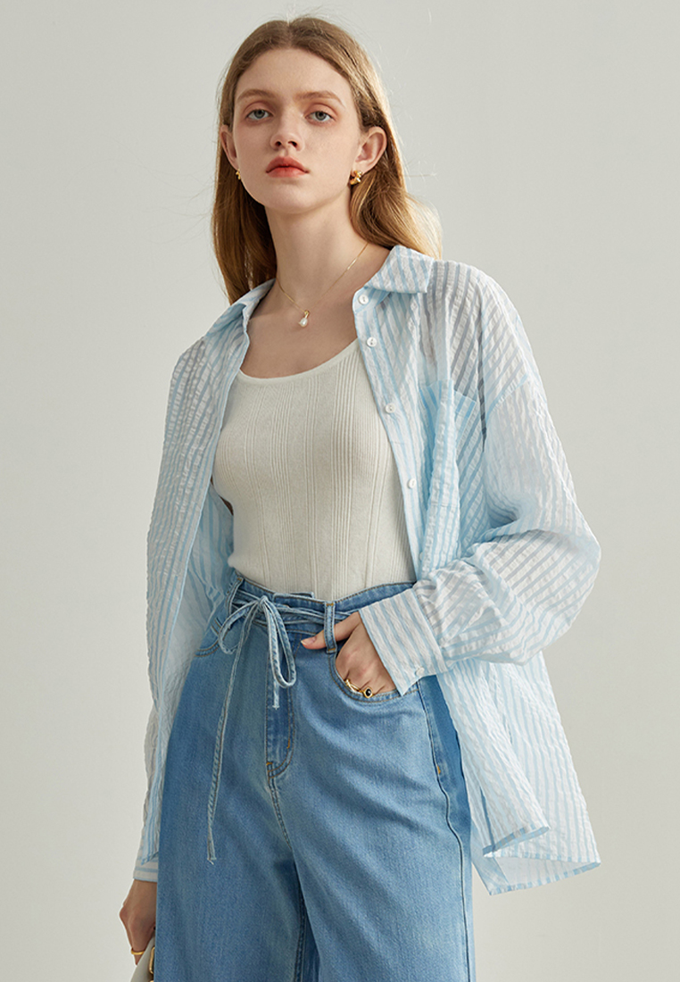 Fashion new textured striped sun protection shirt CA120424GR