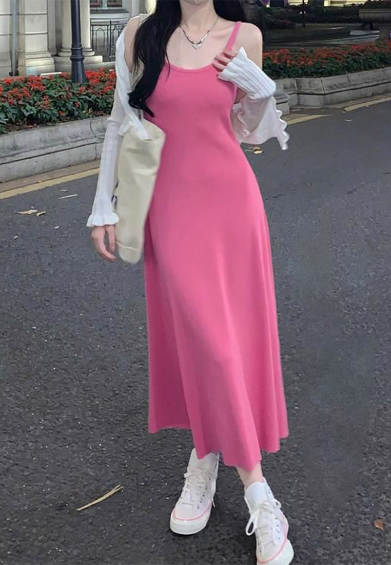 Summer style knitted suspender waist A-line long dress CA24050624BE