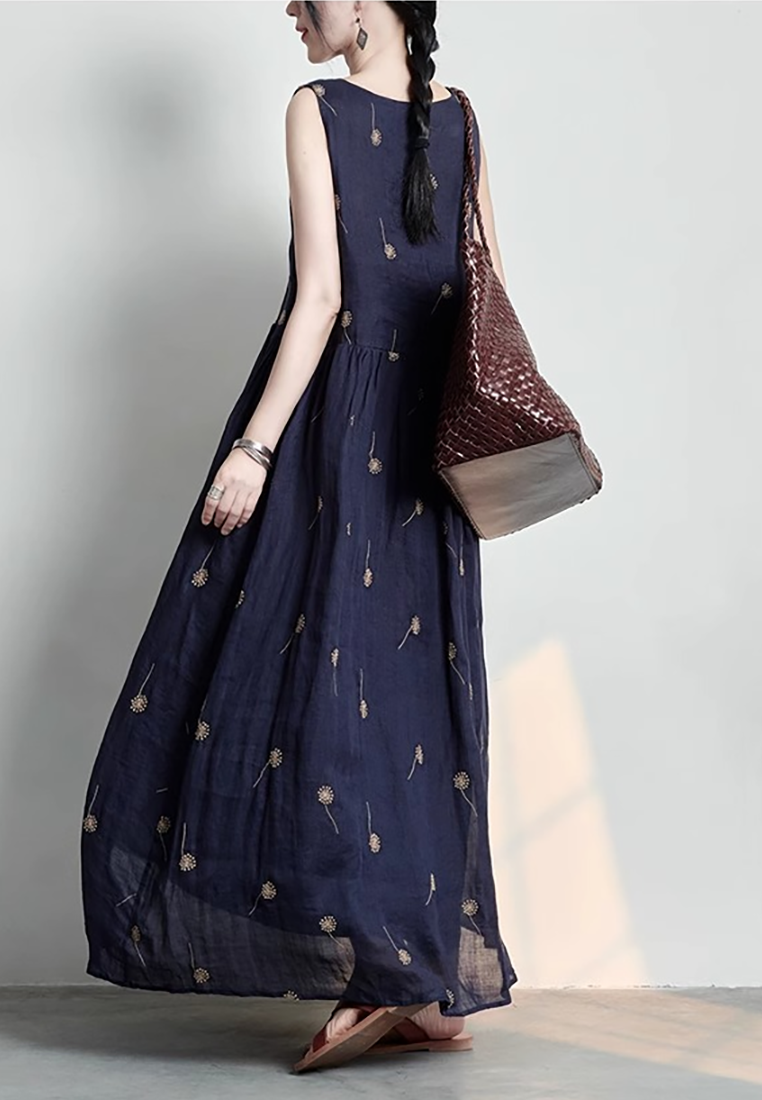 Summer new cotton and linen print dress CA25070924BL