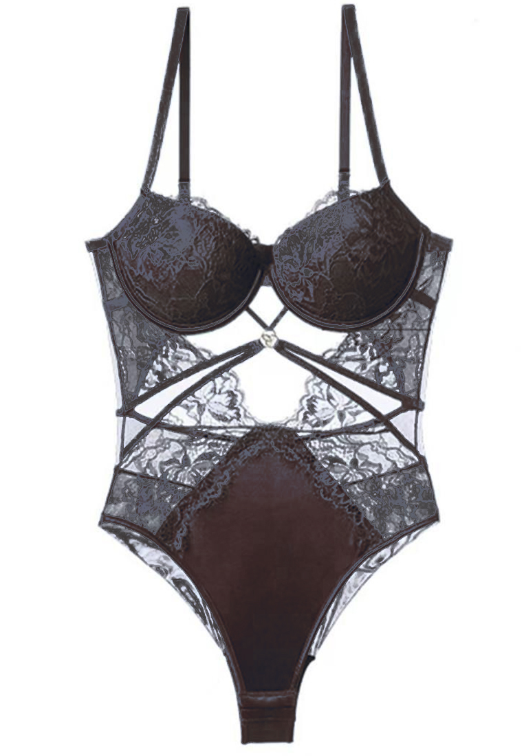 European and American sexy hollow out lace solid color tight fitting bra shaping jumpsuit CA23050425BL-sunnydaysweety