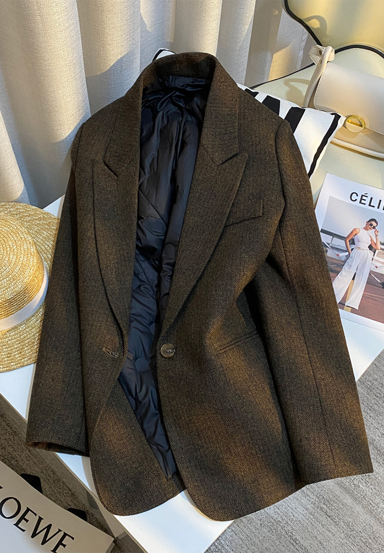 New dark brown down-filled retro wool suit jacket CA25102425BW