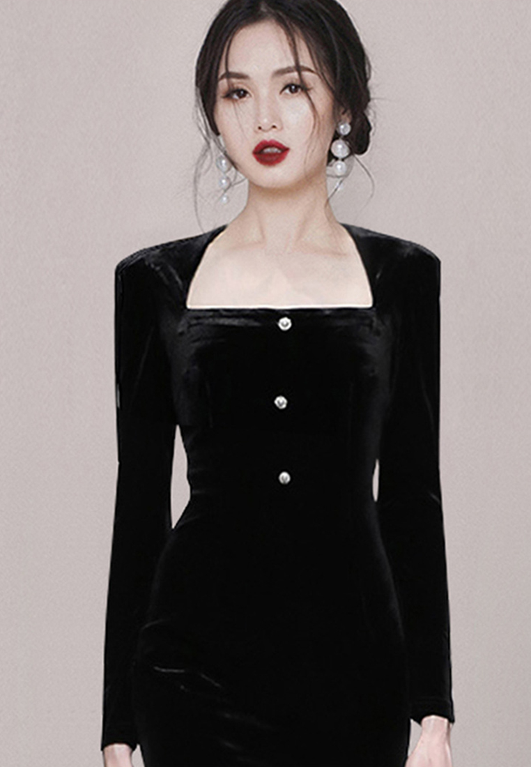 2024 Autumn New Style French Square Neck Velvet Dress CA24073125BK