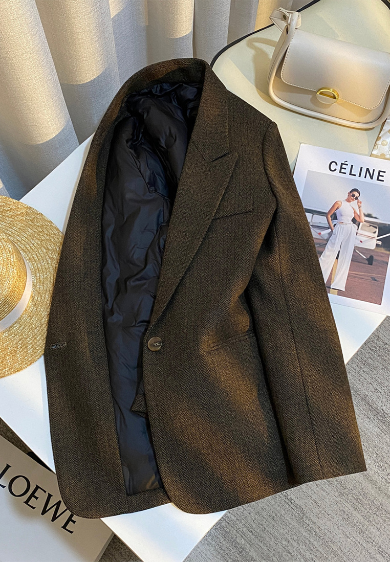 New dark brown down-filled retro wool suit jacket CA25102425BW