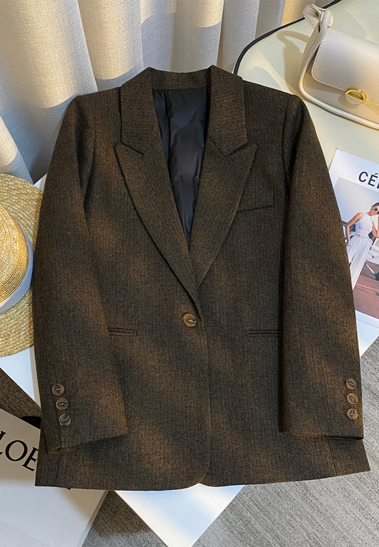 New dark brown down-filled retro wool suit jacket CA25102425BW