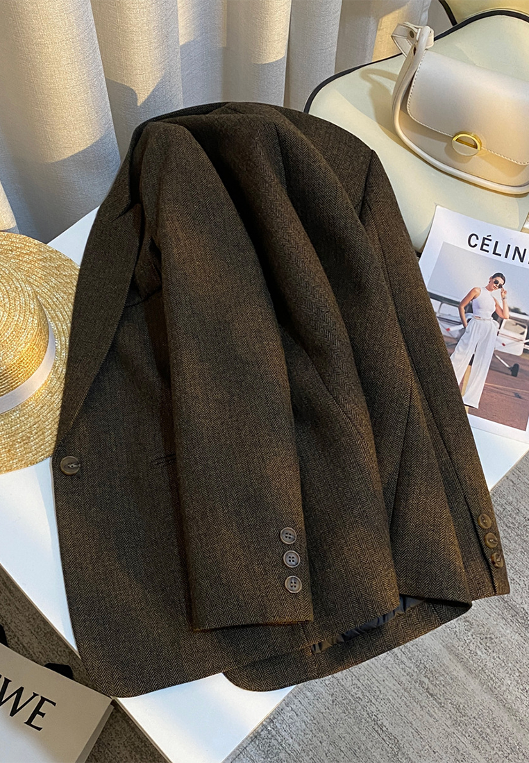 New dark brown down-filled retro wool suit jacket CA25102425BW