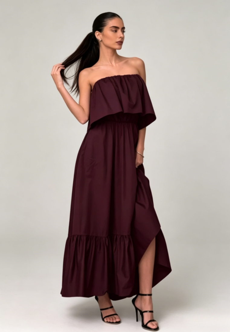 Strapless Ruffled Tiered Maxi Dress Black Elegant K26042401