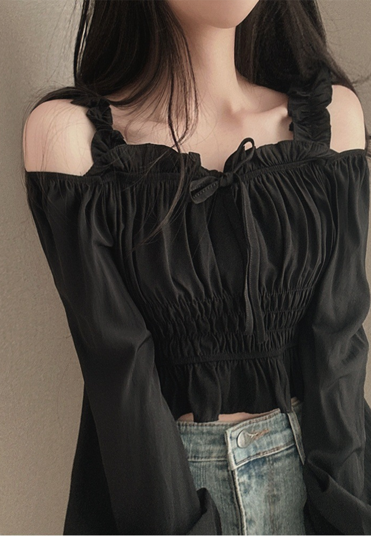 Summer Korean chic square neck off-shoulder shirt CA25022425BK