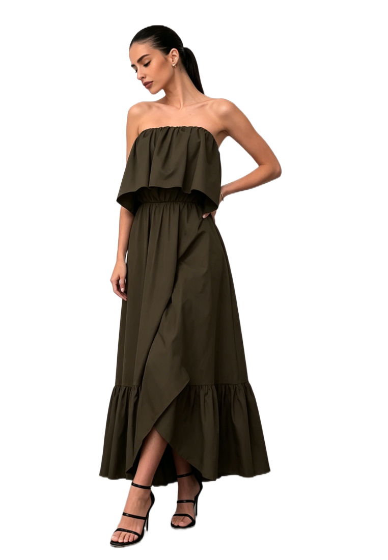 Strapless Ruffled Tiered Maxi Dress Black Elegant K26042401