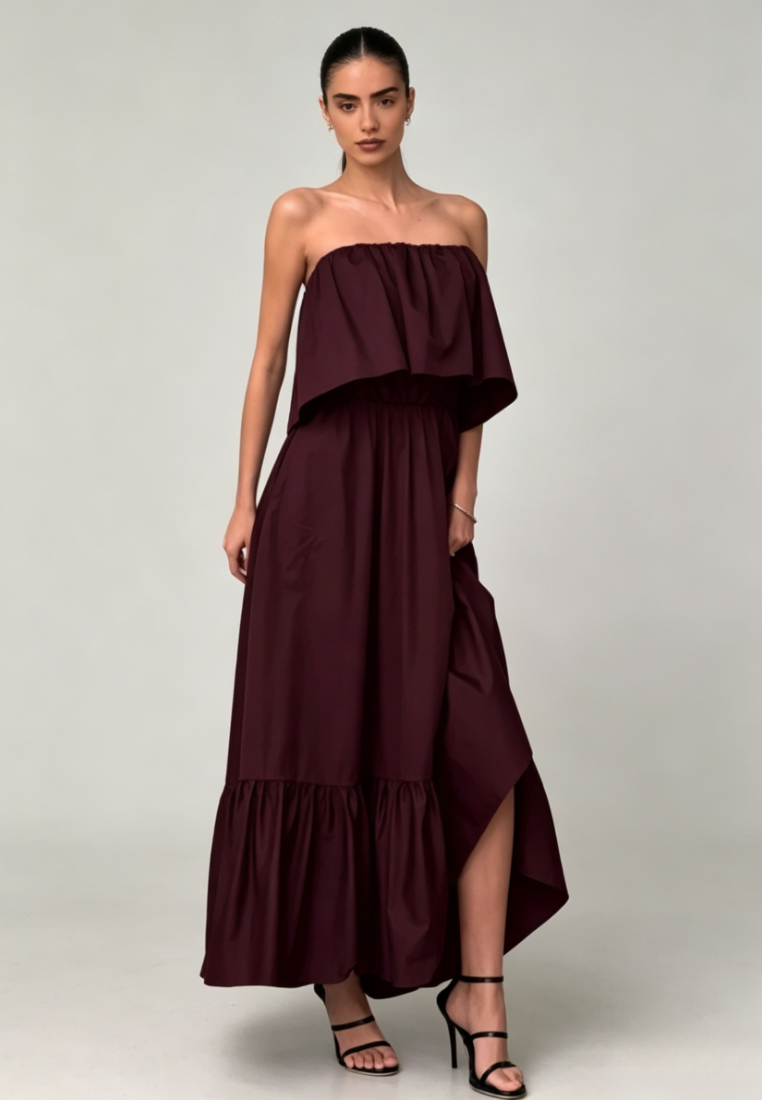 Strapless Ruffled Tiered Maxi Dress Black Elegant K26042401
