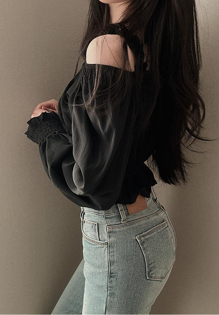 Summer Korean chic square neck off-shoulder shirt CA25022425BK