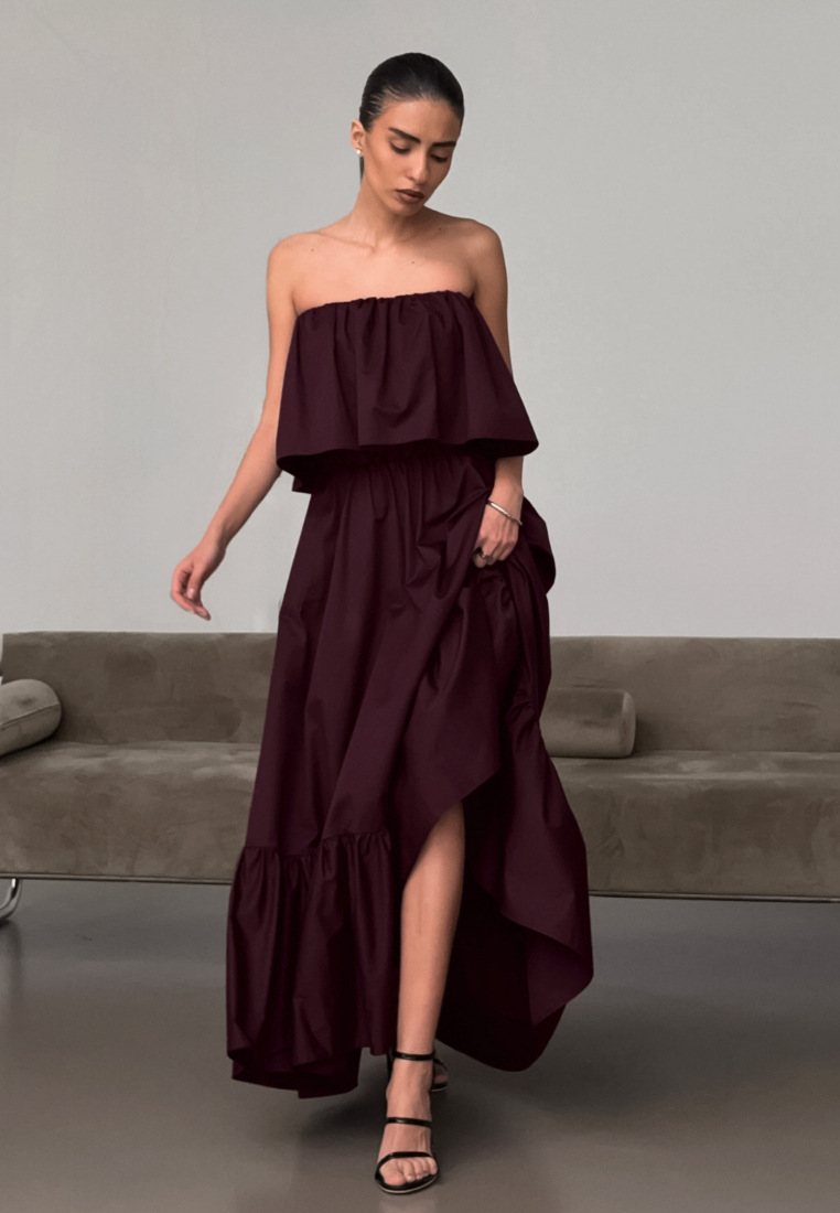 Strapless Ruffled Tiered Maxi Dress Black Elegant K26042401