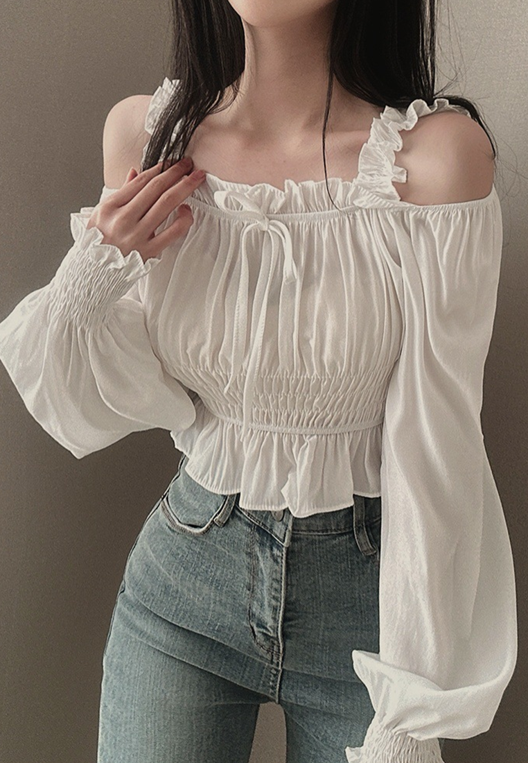 Summer Korean chic square neck off-shoulder shirt CA25022425BK