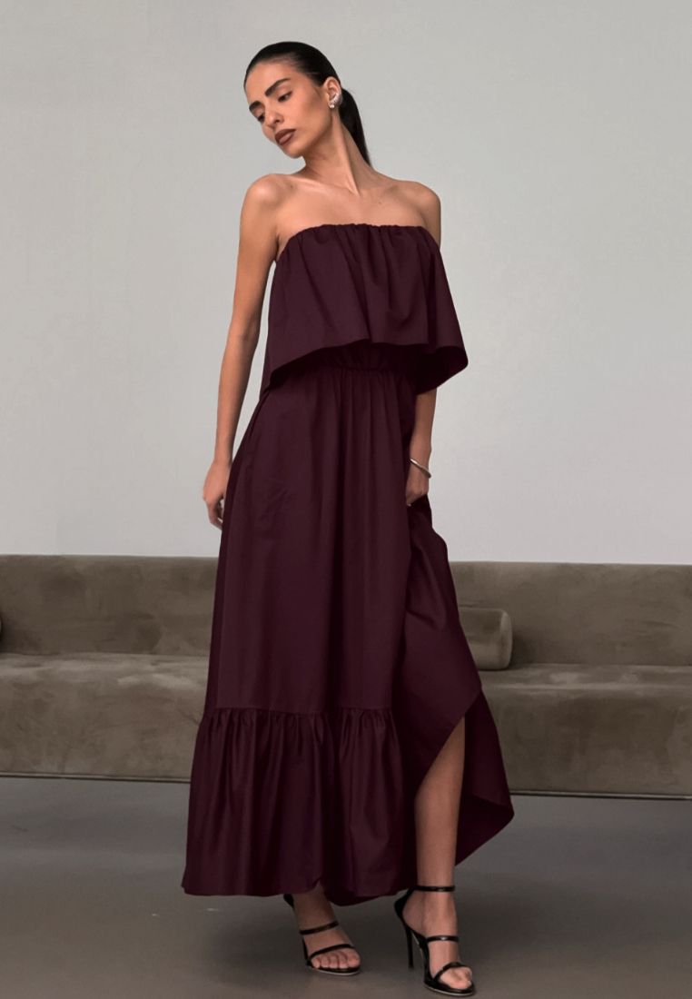 Strapless Ruffled Tiered Maxi Dress Black Elegant K26042401