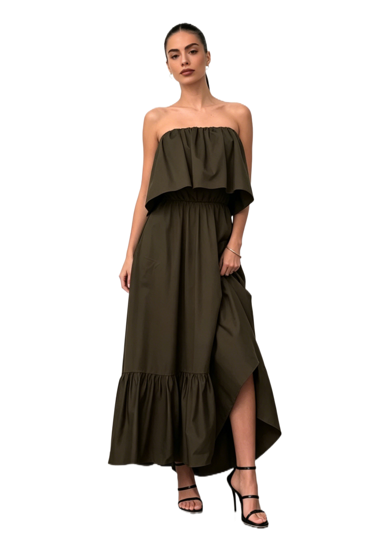 Strapless Ruffled Tiered Maxi Dress Black Elegant K26042401
