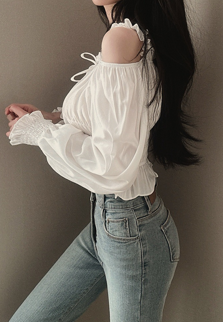 Summer Korean chic square neck off-shoulder shirt CA25022425BK