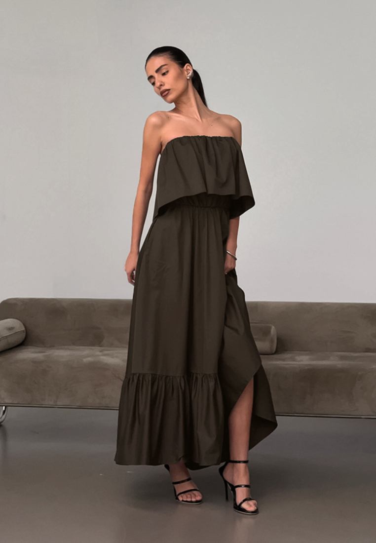 Strapless Ruffled Tiered Maxi Dress Black Elegant K26042401