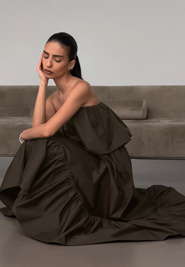 Strapless Ruffled Tiered Maxi Dress Black Elegant K26042401