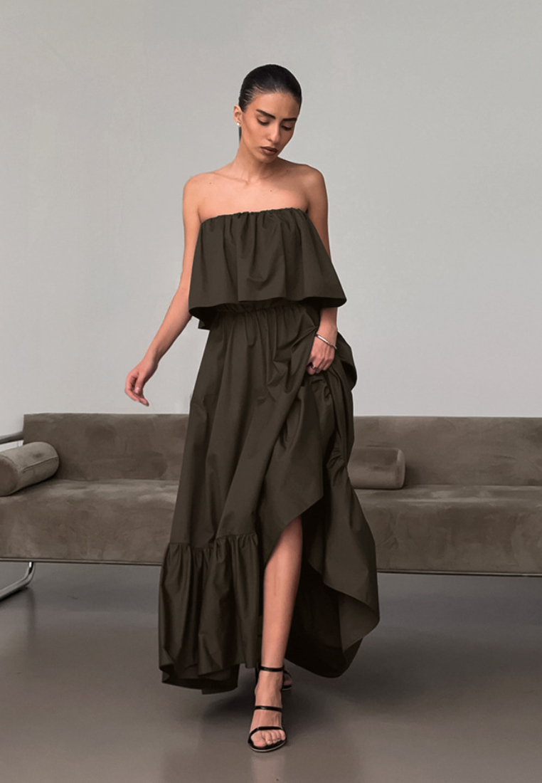 Strapless Ruffled Tiered Maxi Dress Black Elegant K26042401
