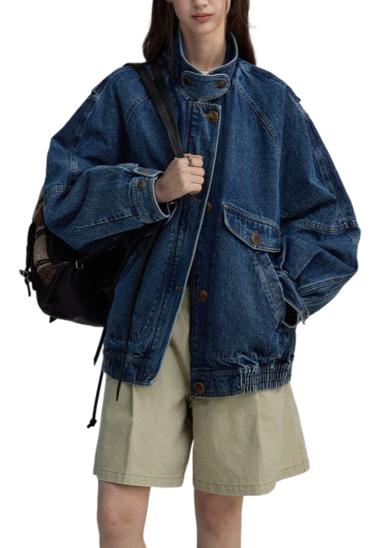 Stand collar contrast color bomber denim jacket CA25091925BL