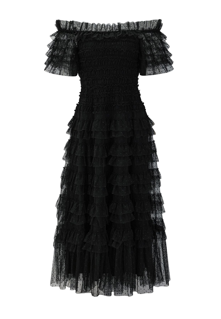 bare shoulders Mesh Chiffon Solid Color Maxi Dress CA090825BK