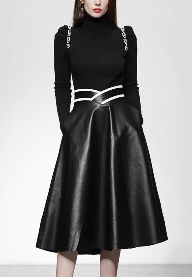 New Elegant high-neck fitted waist pearl-embellished puff sleeve knit top and leather skirt set dress K25121203