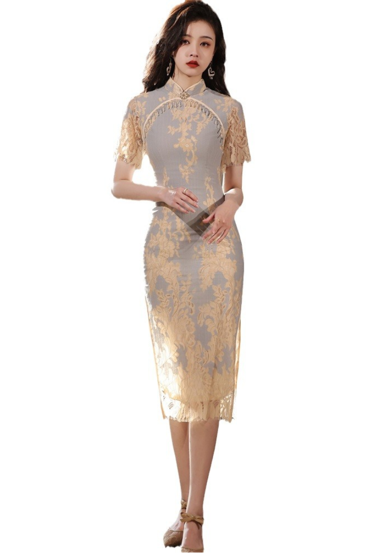 New Retro Blue lace cheongsam dress CA25121525BL