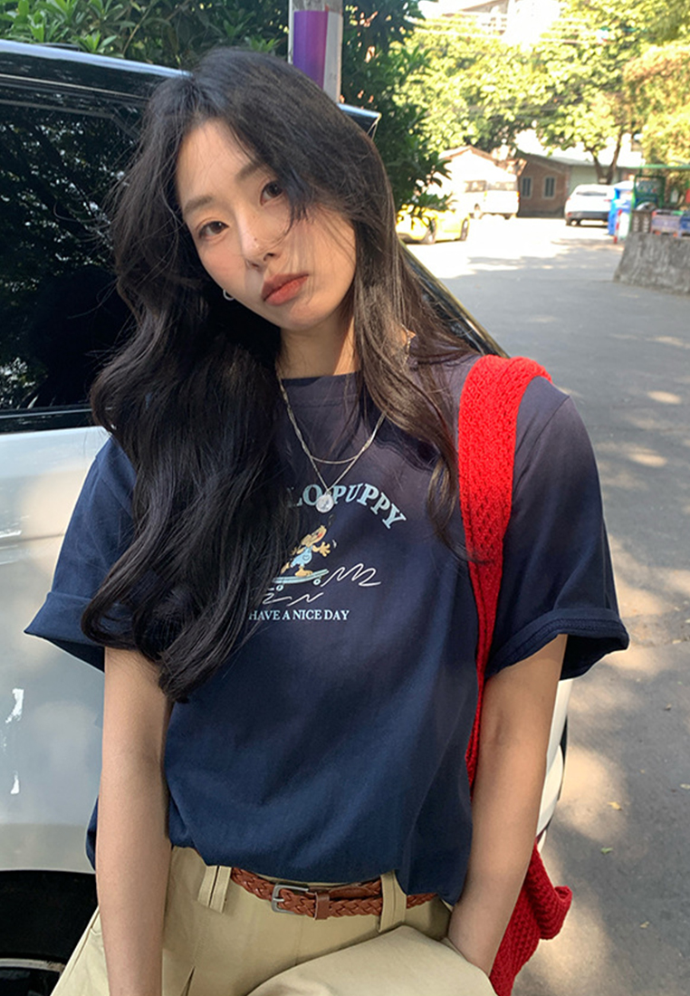 Spring and Summer Korean Style Dog Print T-shirt CA25042925GY