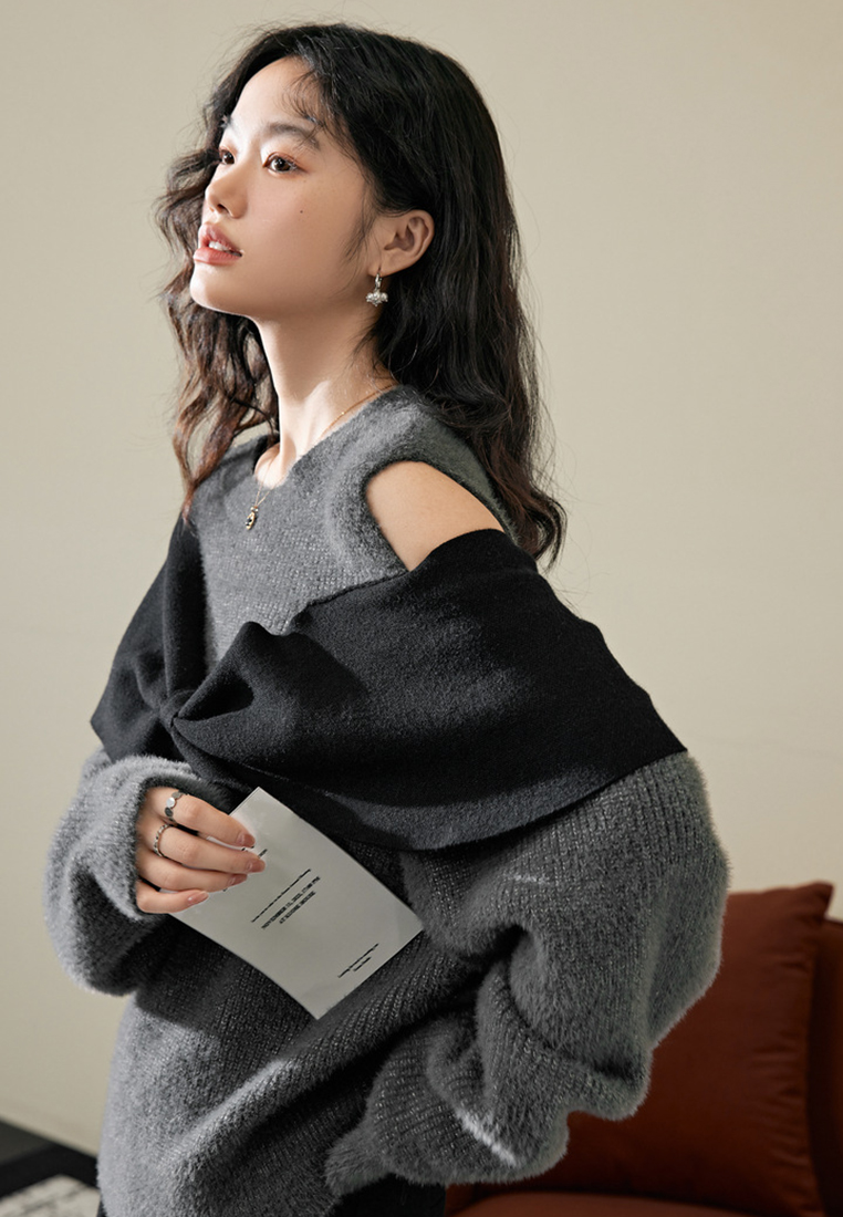 Fashionable bow contrasting color sweet style knitted sweater top CA120425
