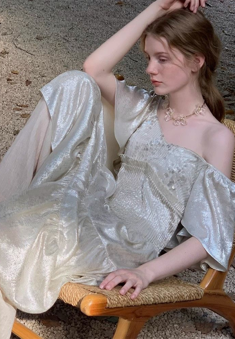 Summer new bright silk spliced short sleeved dress CA25042225W