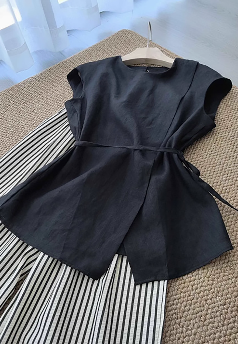 Korean Summer Black Round Neck Waist Lace-up Slit Sleeveless Shirt CA25061726BK