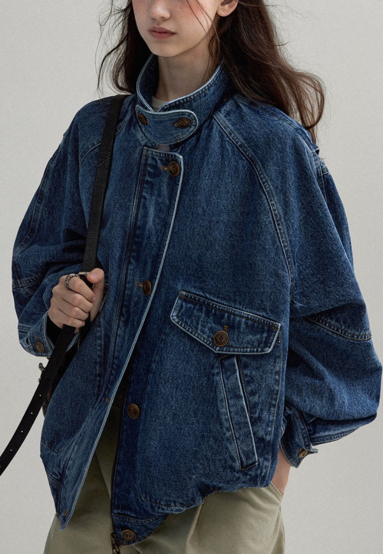 Stand collar contrast color bomber denim jacket CA25091925BL