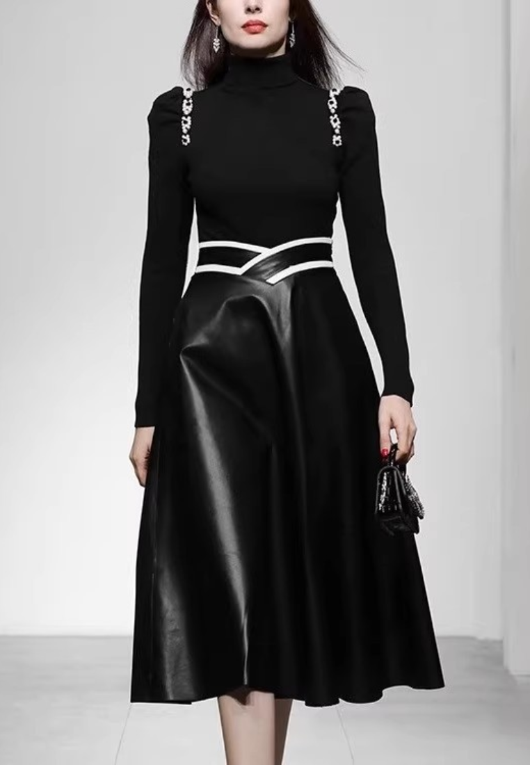 New Elegant high-neck fitted waist pearl-embellished puff sleeve knit top and leather skirt set dress K25121203