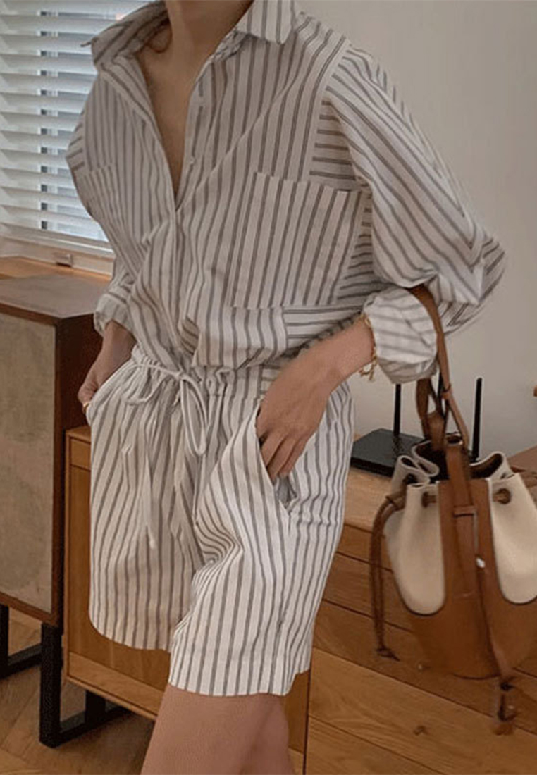 Winter vintage lace up long sleeved striped jumpsuit CA241128125MT