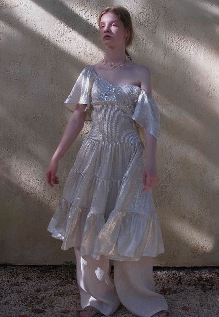 Summer new bright silk spliced short sleeved dress CA25042225W