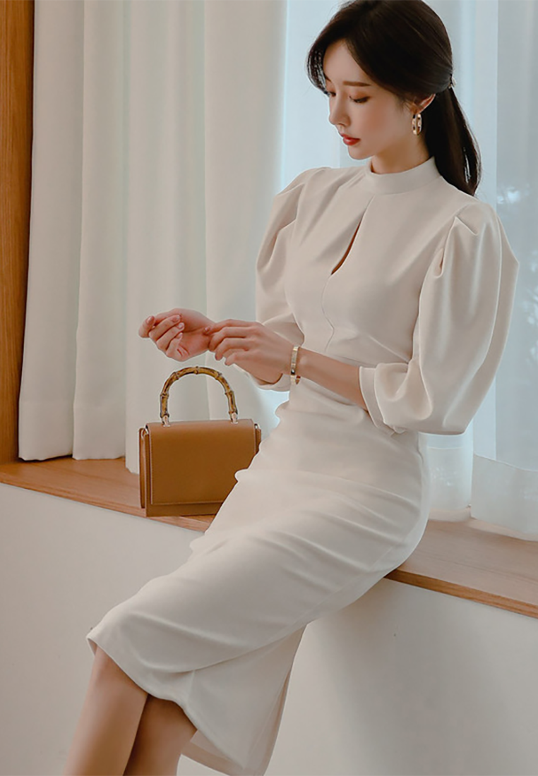 Autumn/Winter New Slim-Fit Stand Collar Lantern Sleeve Pencil Dress CA25091525W