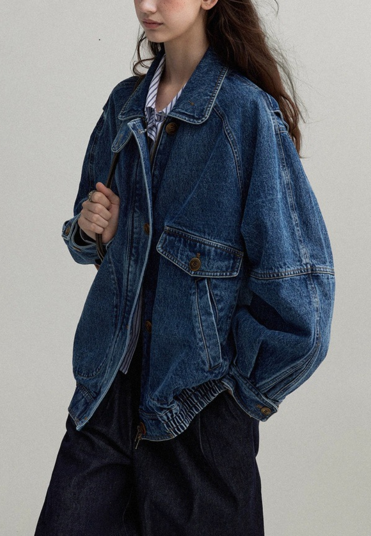 Stand collar contrast color bomber denim jacket CA25091925BL