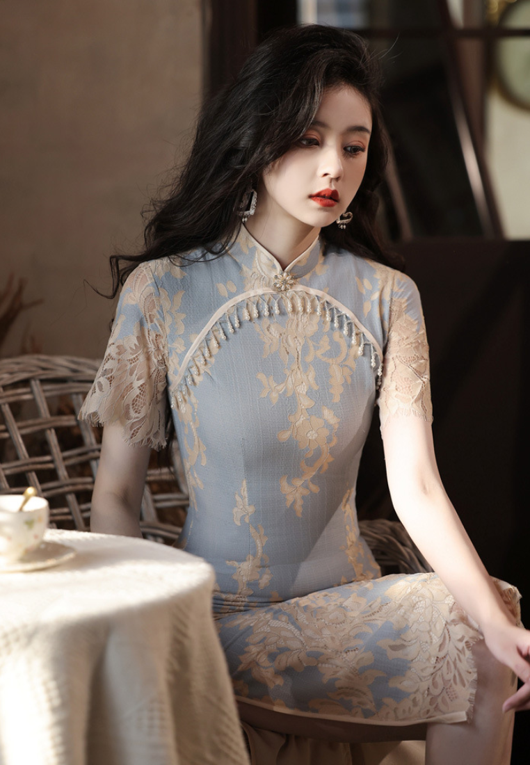 New Retro Blue lace cheongsam dress CA25121525BL