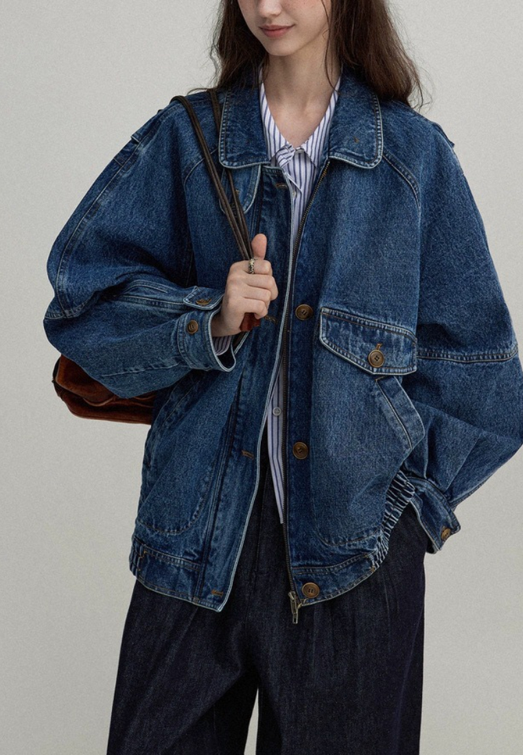 Stand collar contrast color bomber denim jacket CA25091925BL