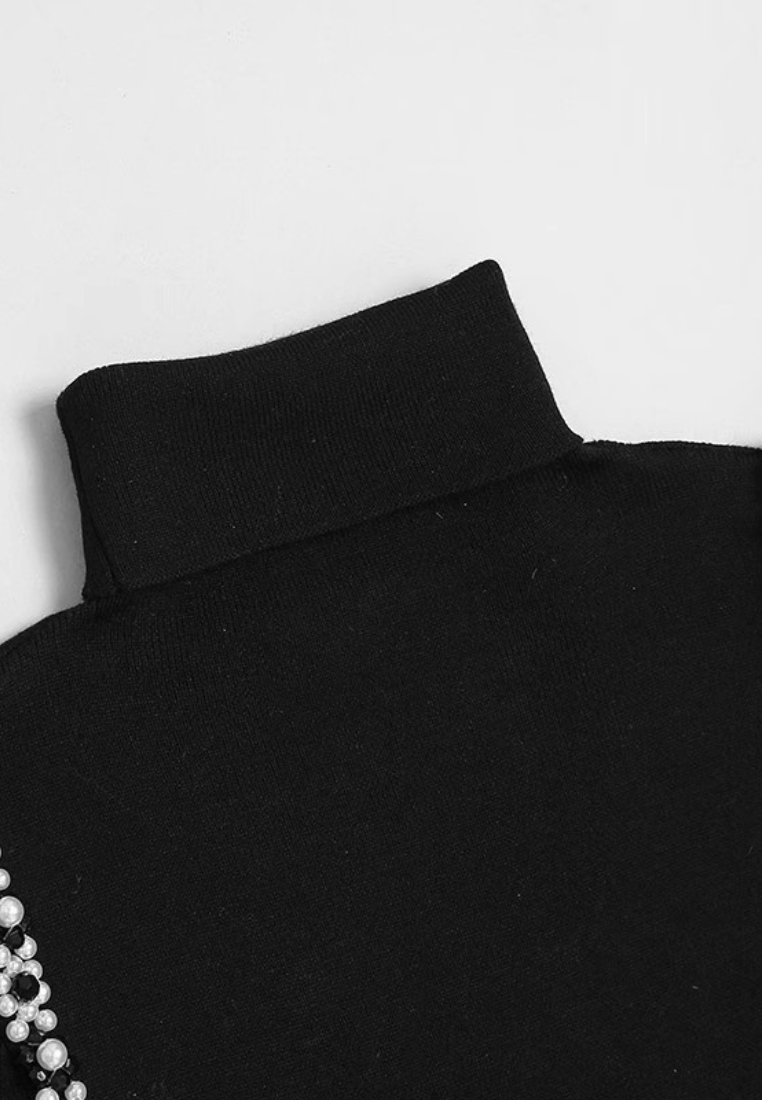 New Elegant high-neck fitted waist pearl-embellished puff sleeve knit top and leather skirt set dress K25121203