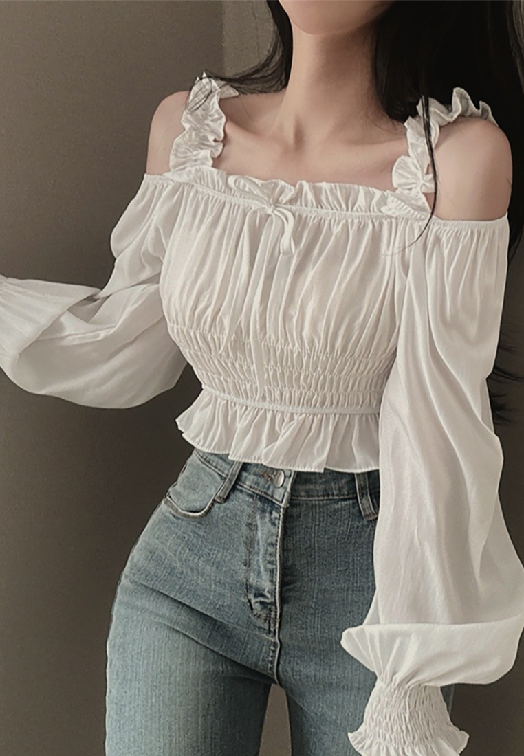 Summer Korean chic square neck off-shoulder shirt CA25022425BK