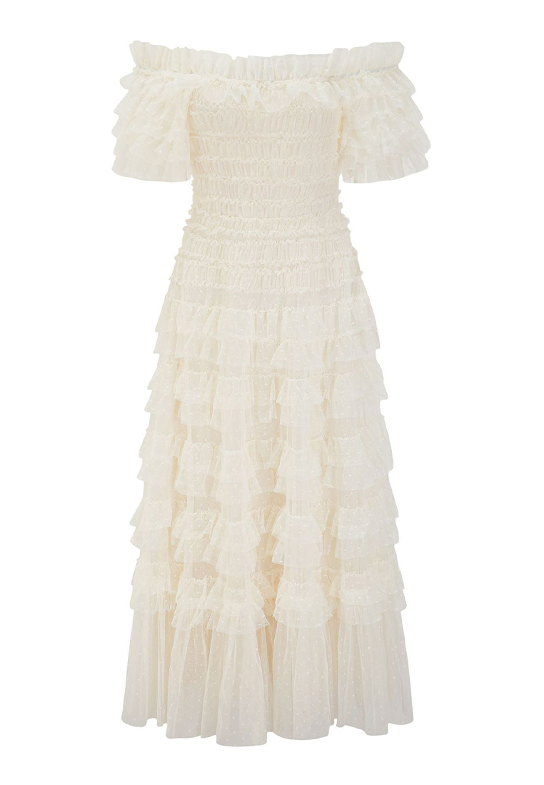 bare shoulders Mesh Chiffon Solid Color Maxi Dress CA090825BK