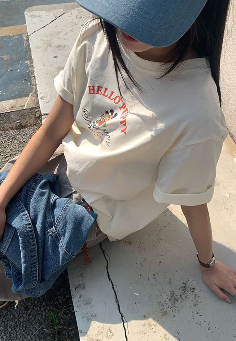 Spring and Summer Korean Style Dog Print T-shirt CA25042925GY