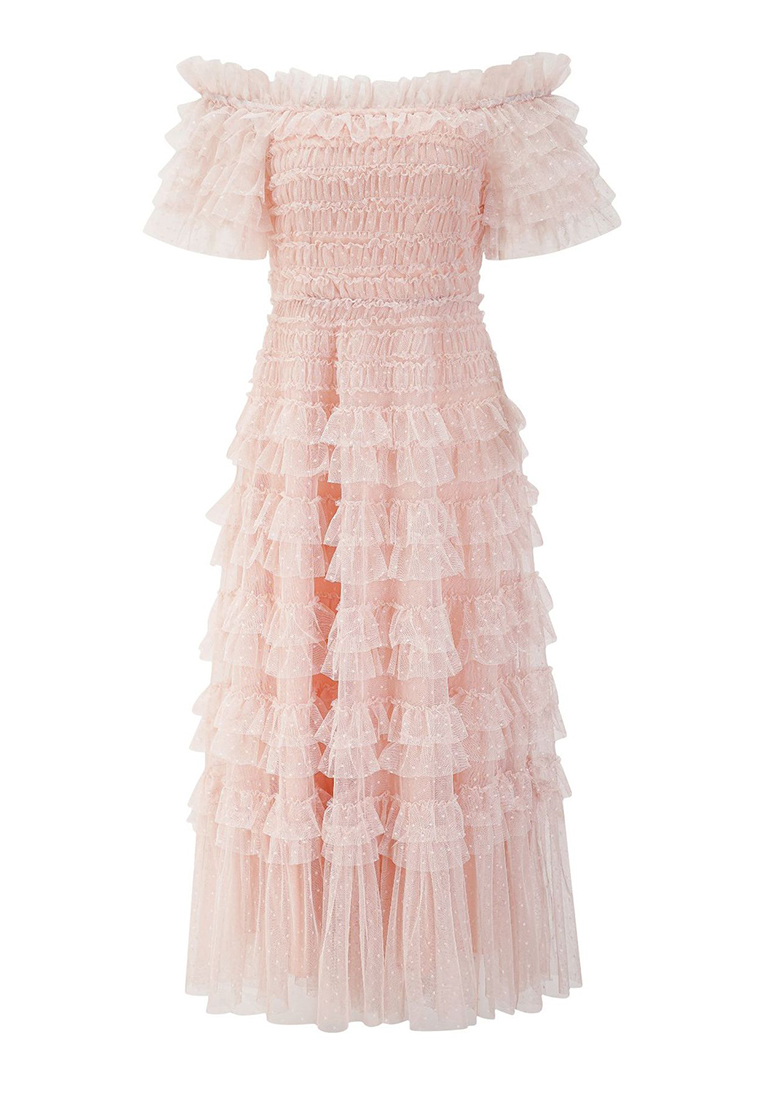 bare shoulders Mesh Chiffon Solid Color Maxi Dress CA090825BK