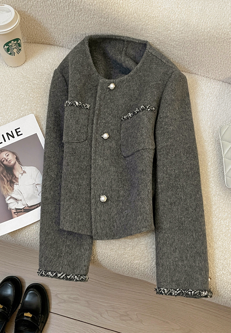 New French Double-Faced Wool Cashmere Chanel-Style Jacket CA25102426GY