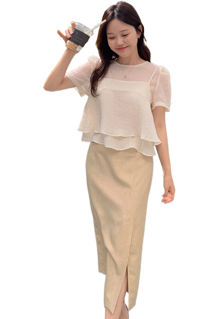 French crew neck puff sleeve textured chiffon top CA25060326GR